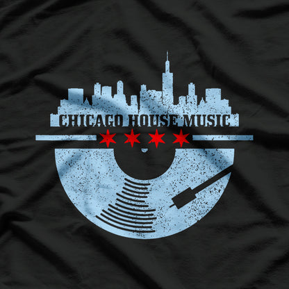 Chicago House Music Vintage Vinyl DJ Raver Flag Skyline Gift T-Shirt