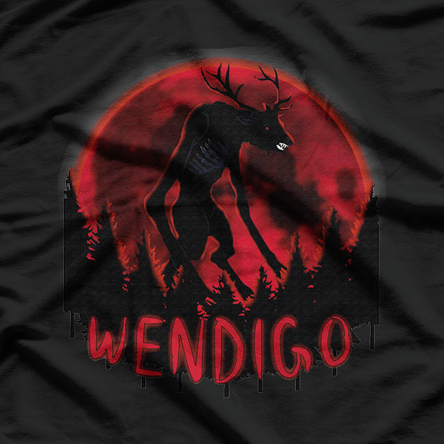 Red Moon in a Ghost Forest Wendigo Folklore T-Shirt