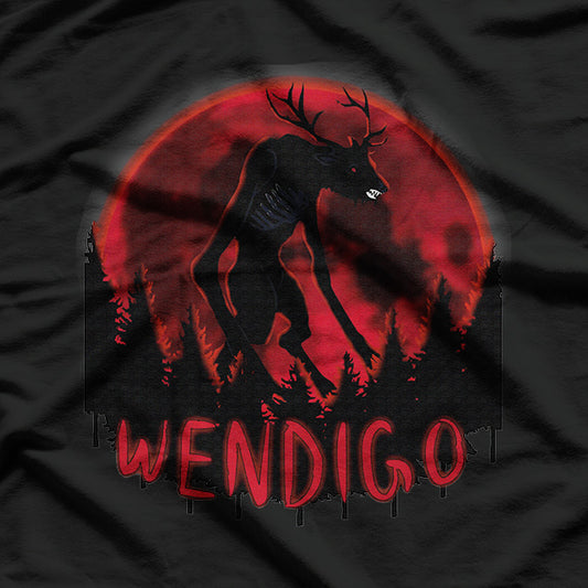 Red Moon in a Ghost Forest Wendigo Folklore T-Shirt