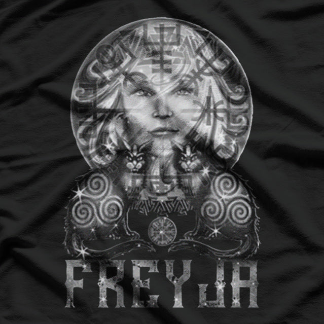 Freyja Norse Goddess with Cats and Sacred Symbols T-Shirt