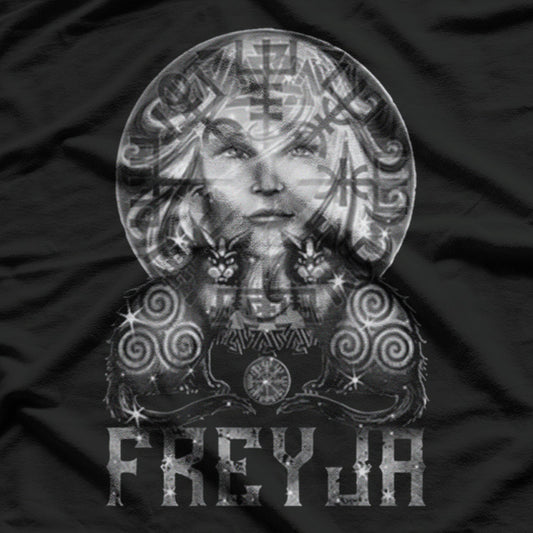 Freyja Norse Goddess with Cats and Sacred Symbols T-Shirt