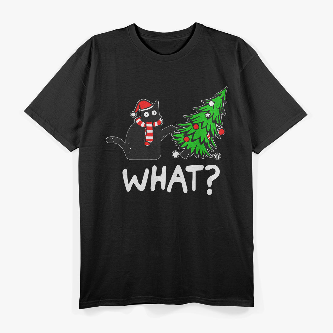 Black Cat Pushing Christmas Tree Over Cat What? T-Shirt