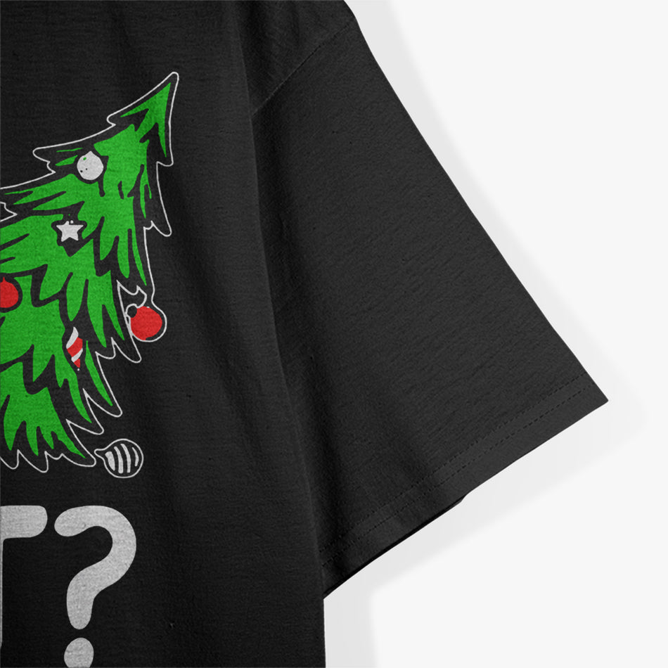 Black Cat Pushing Christmas Tree Over Cat What? T-Shirt