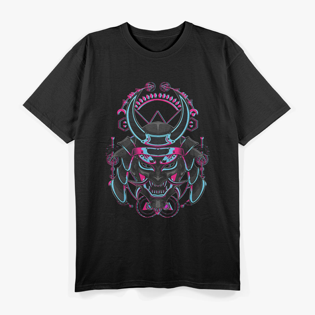 Japanese Demon Samurai - Oni Face Mask with Glitch Art Effect T-Shirt