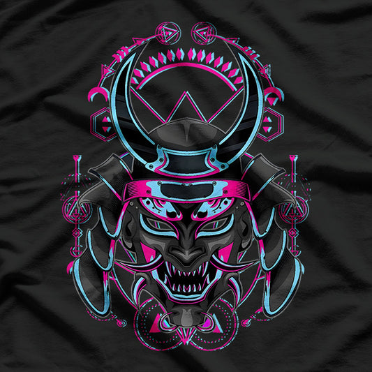 Japanese Demon Samurai - Oni Face Mask with Glitch Art Effect T-Shirt