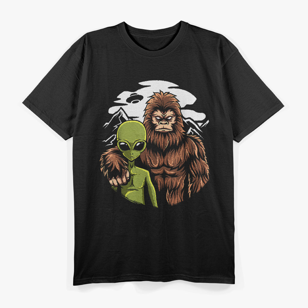 Retro Alien and Bigfoot: The Ultimate Cryptid Encounter T-Shirt