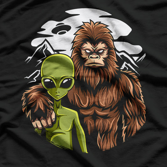 Retro Alien and Bigfoot: The Ultimate Cryptid Encounter T-Shirt