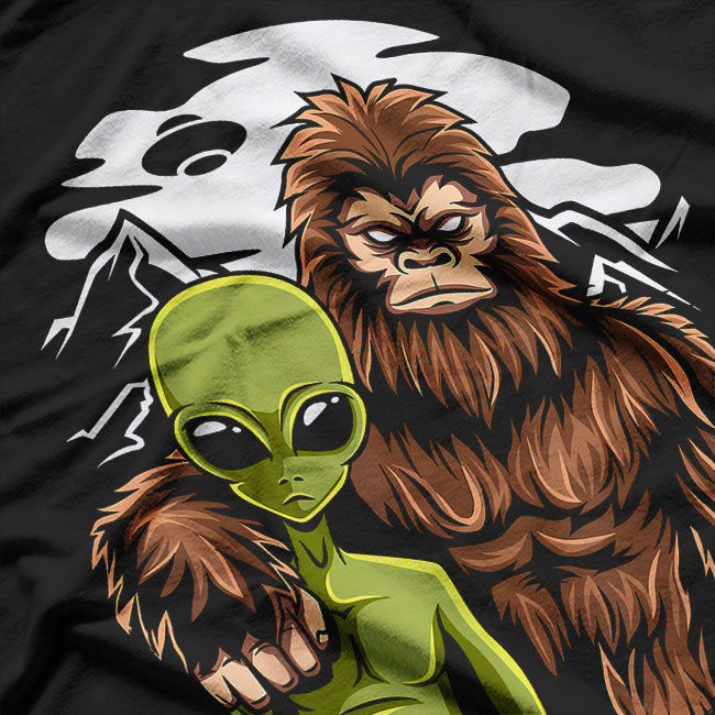 Retro Alien and Bigfoot: The Ultimate Cryptid Encounter T-Shirt
