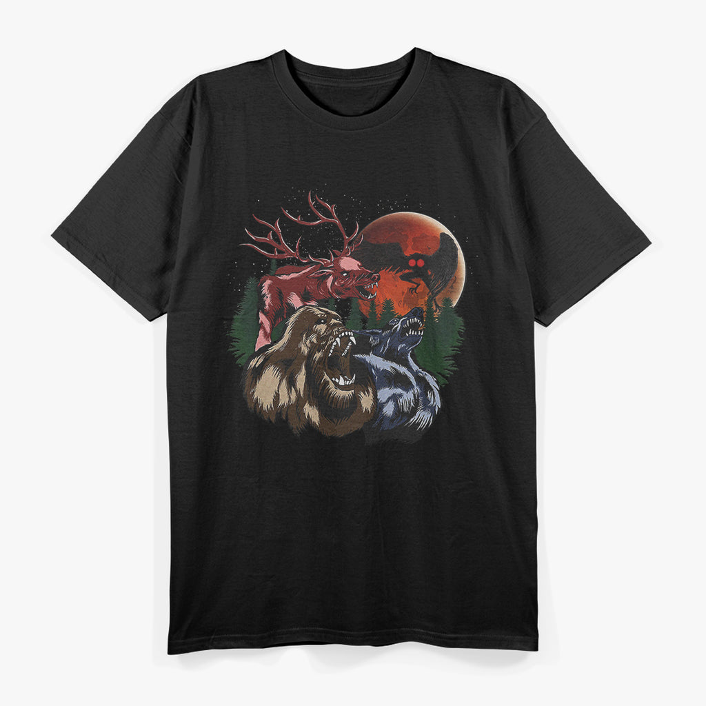 Three Cryptid Moon: Sasquatch, Dogman, Wendigo, and Mothman T-Shirt