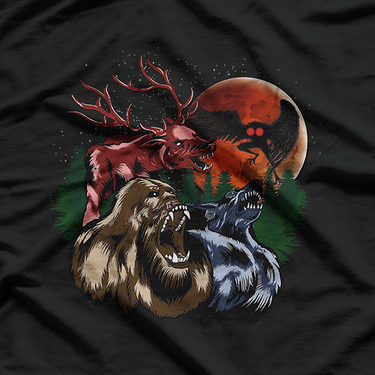 Three Cryptid Moon: Sasquatch, Dogman, Wendigo, and Mothman T-Shirt