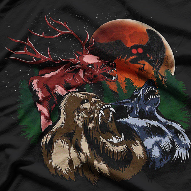 Three Cryptid Moon: Sasquatch, Dogman, Wendigo, and Mothman T-Shirt