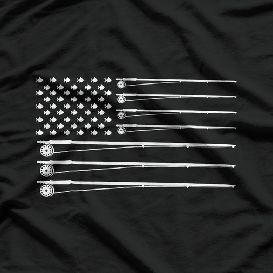 Fly Rod Fishing Patriotic American Flag for Outdoor Enthusiasts T-Shirt