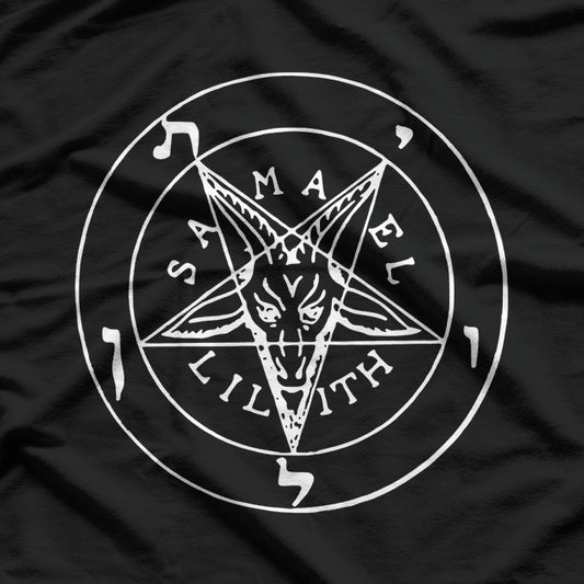 Samael and Lilith Goat, Satanic Pentagram, and Baphomet Symbol of Dark Mysticism T-Shirt