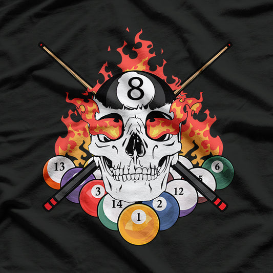 Great Pool Billiards Player – Skull Design with Billiard Cue Ball T-Shirt