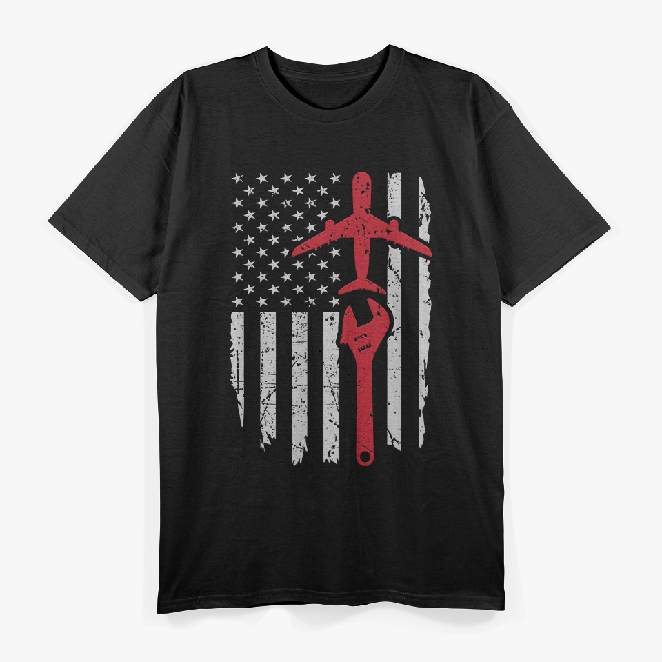Airplane Mechanic Aviation Technician USA Flag T-Shirt