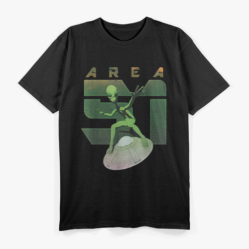 Alien UFO Area 51 Green Man Surfing a Flying Saucer Funny Sci-Fi T-Shirt
