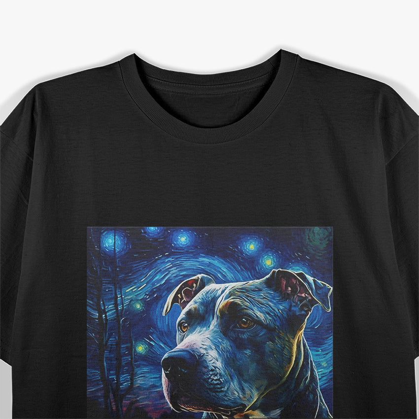 Pitbull Portrait Night Sky Painting T-Shirt