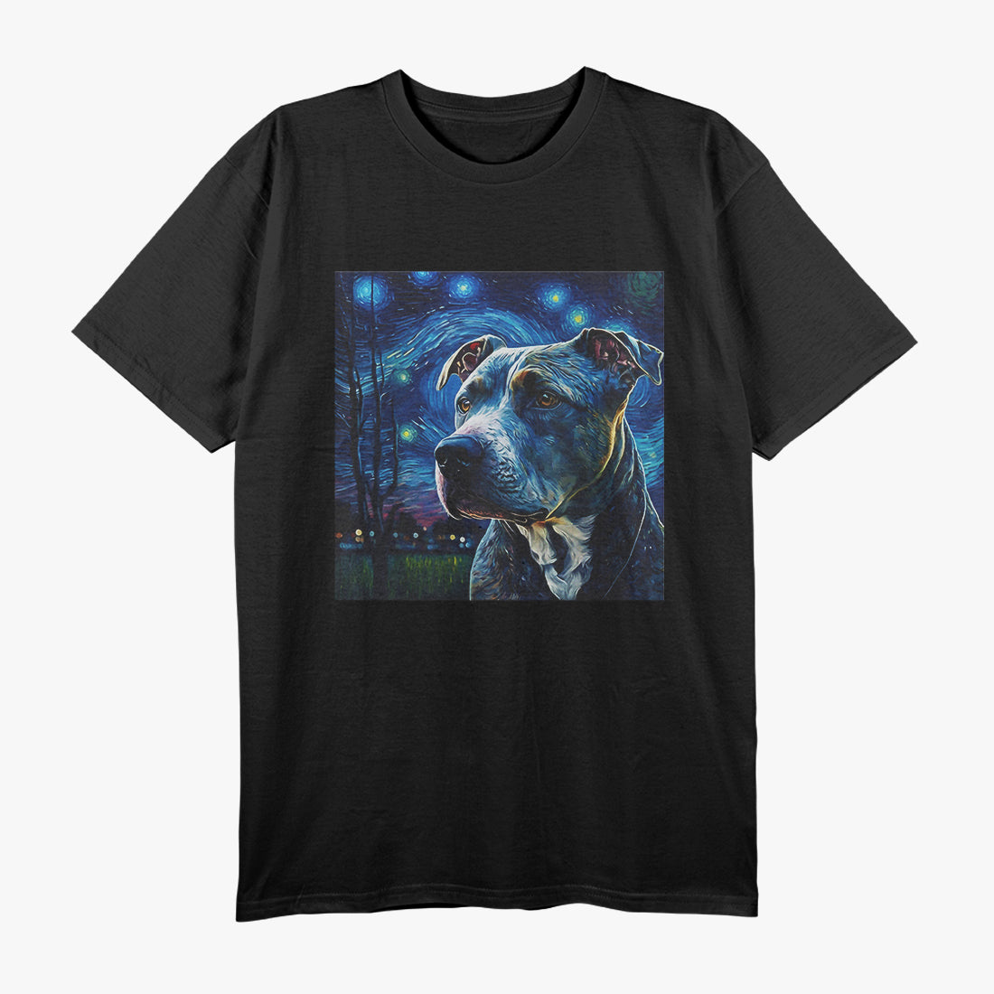 Pitbull Portrait Night Sky Painting T-Shirt