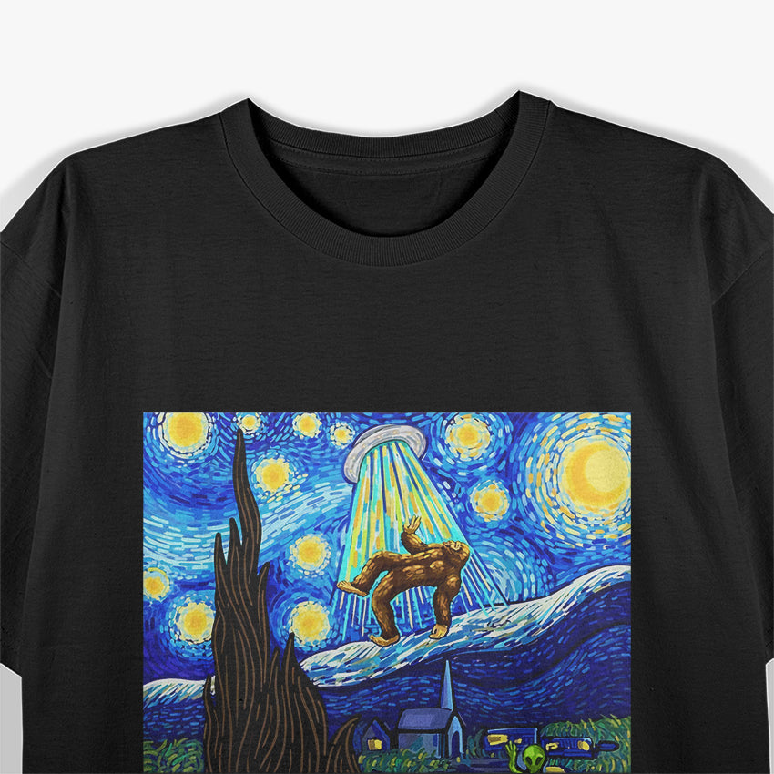 Bigfoot Meets Alien Under a Starry Night - A Cosmic Encounter T-Shirt