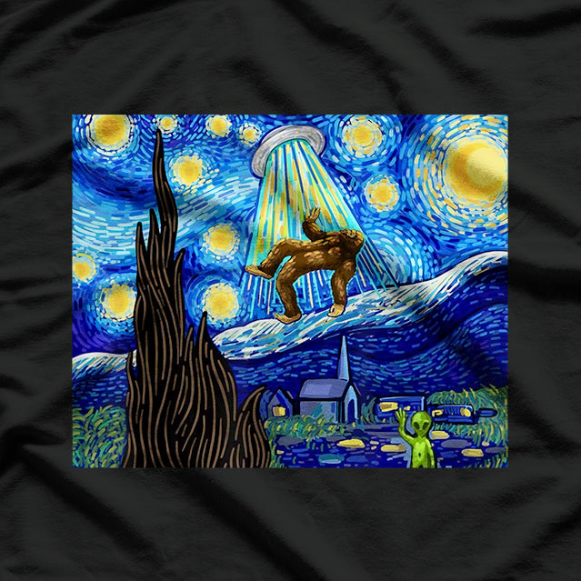 Bigfoot Meets Alien Under a Starry Night - A Cosmic Encounter T-Shirt
