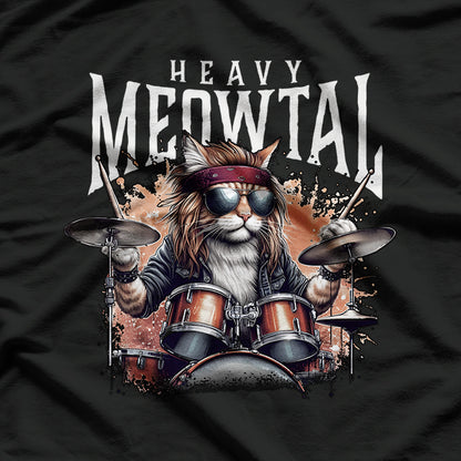 Heavy Metal Cat Drummer Graphic T-Shirt