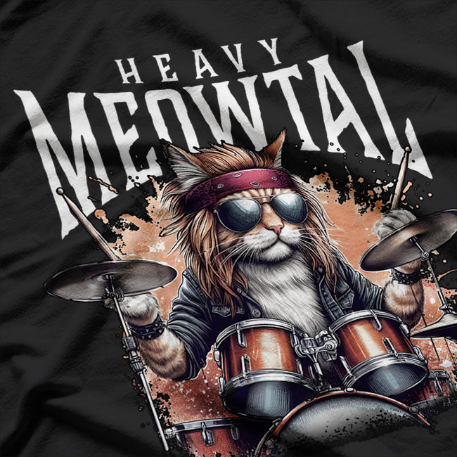 Heavy Metal Cat Drummer Graphic T-Shirt