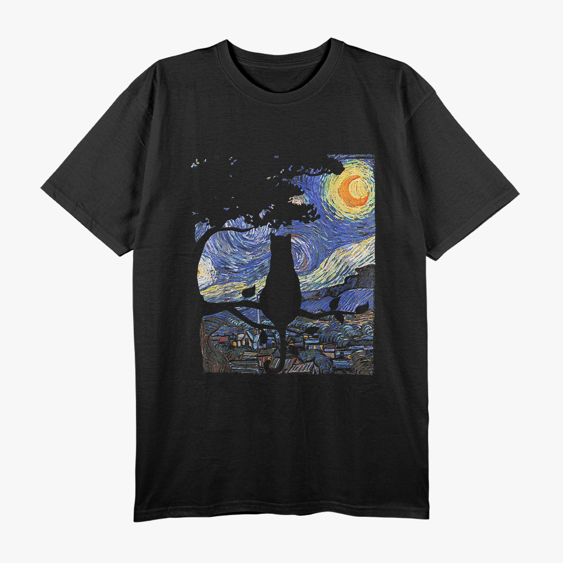 Midnight Black Cat Under Starry Sky T-Shirt