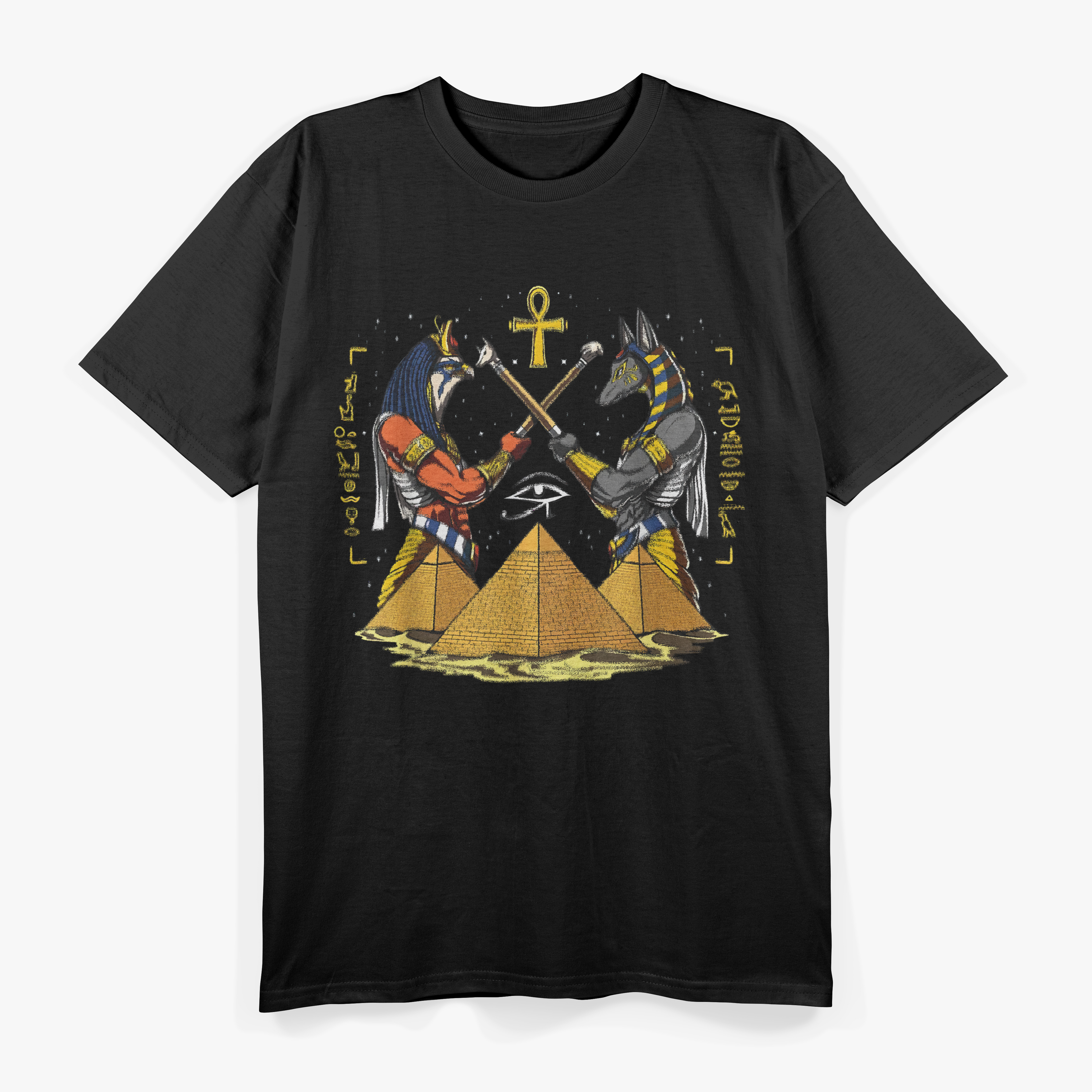 Egyptian God Anubis Horus Ancient Pyramids Ankh Hieroglyphs T-Shirt