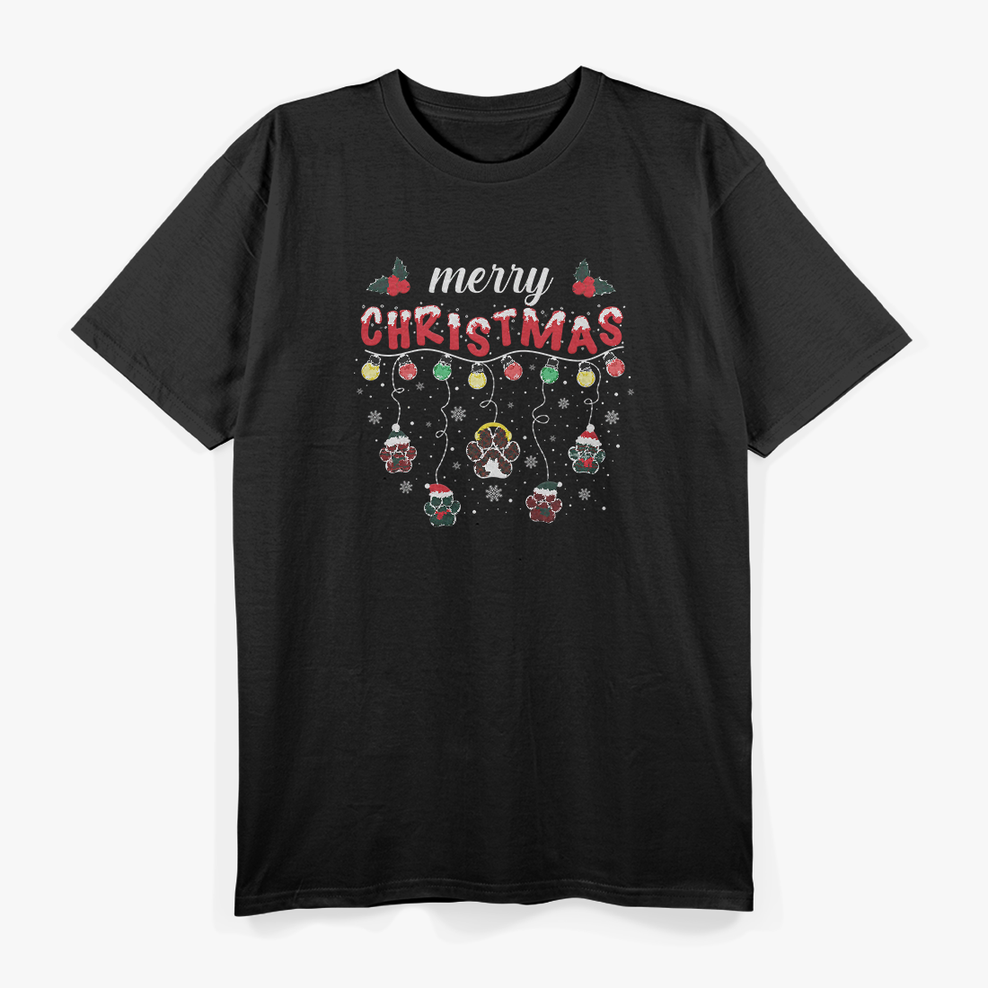 Merry Christmas Lights Dog Paw Festive Pet Lover T-Shirt