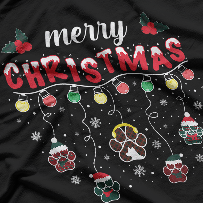 Merry Christmas Lights Dog Paw Festive Pet Lover T-Shirt