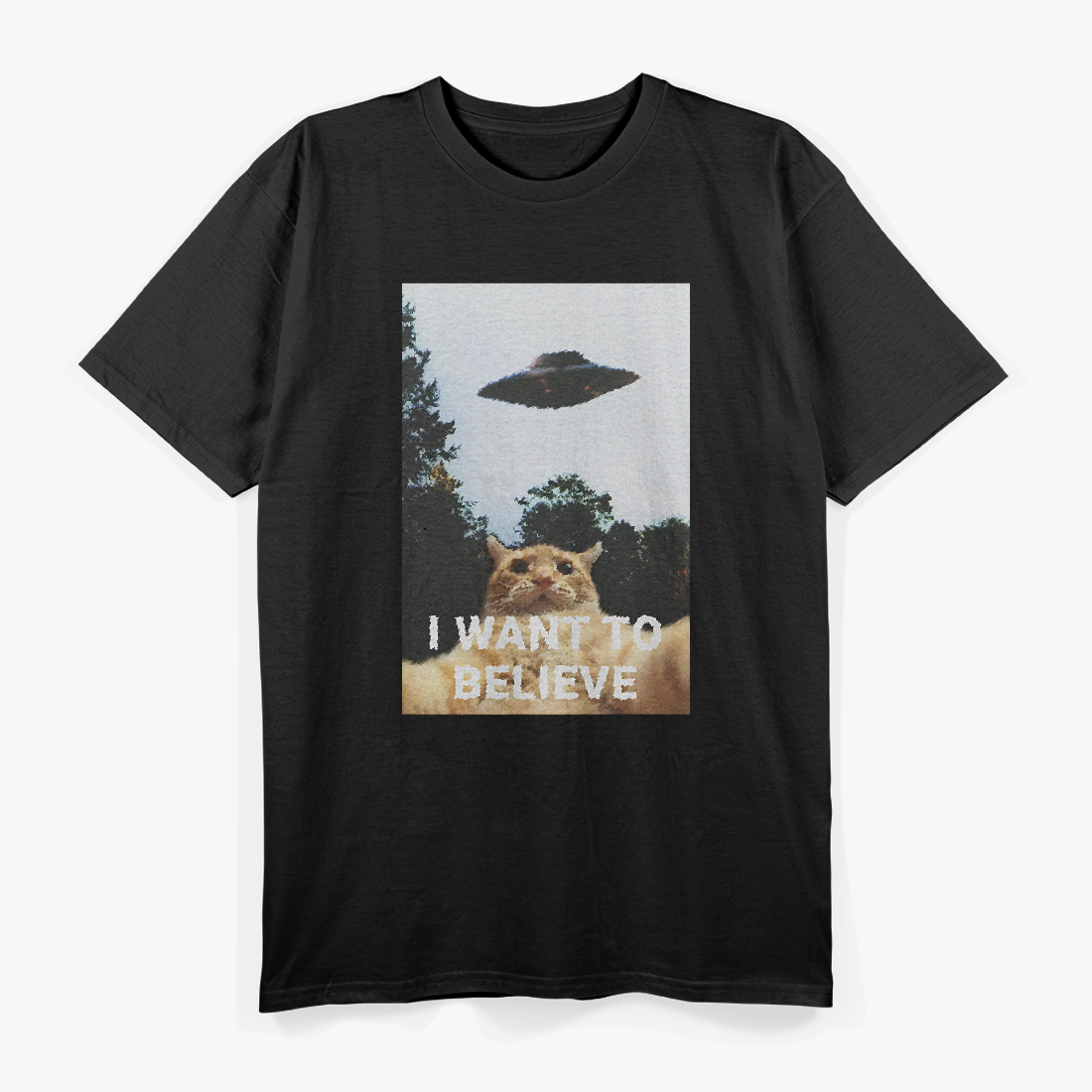 Funny Cat Selfie I Want to Believe UFO Alien Meme T-Shirt