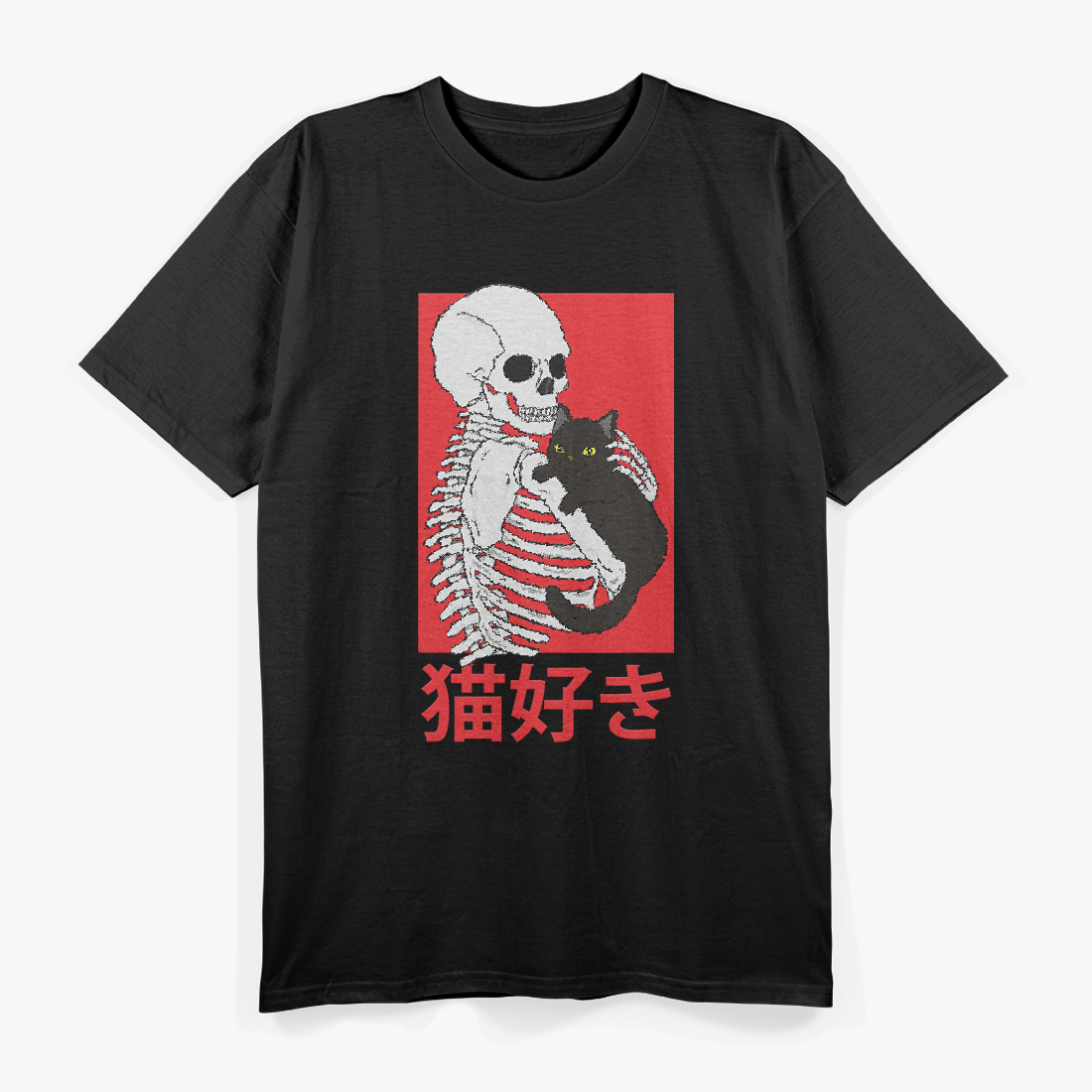 Japan Skull and Cat Aesthetic Tattoo-Inspired Samurai Anime Art T-Shirt