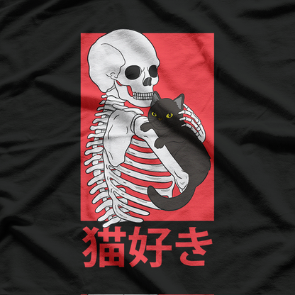 Japan Skull and Cat Aesthetic Tattoo-Inspired Samurai Anime Art T-Shirt