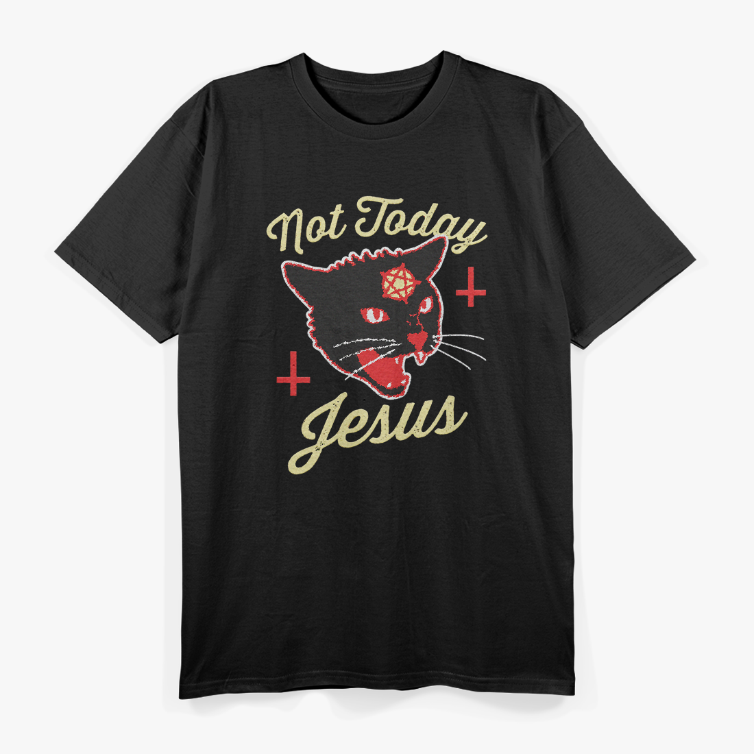 Not Today Jesus Hail Satanic Cat Dark Humor Metal T-Shirt