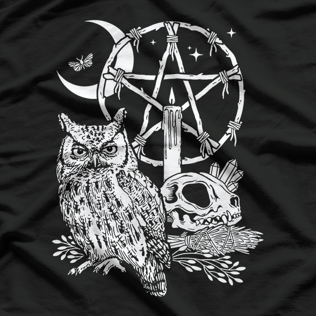 Wiccan Witch: Owl, Candle, Moon, Skull, Pentacle T-Shirt