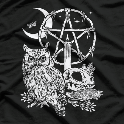 Wiccan Witch: Owl, Candle, Moon, Skull, Pentacle T-Shirt