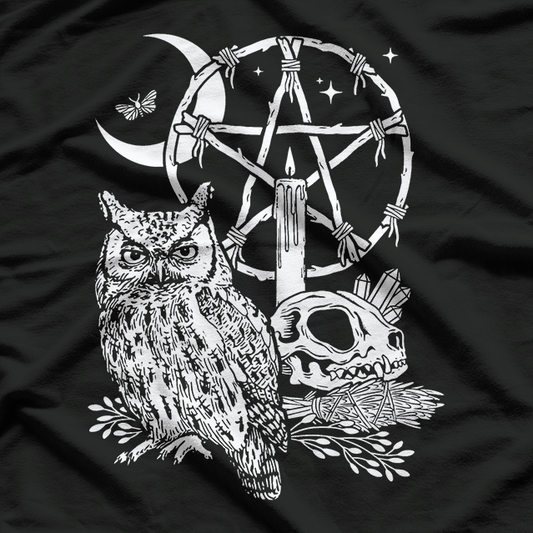 Wiccan Witch: Owl, Candle, Moon, Skull, Pentacle T-Shirt