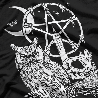 Wiccan Witch: Owl, Candle, Moon, Skull, Pentacle T-Shirt