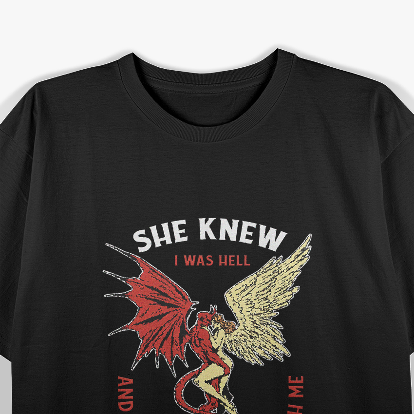 Devil and Angel Hugging with ‘She Knew I Was Hell’ Quote Gothic T-Shirt