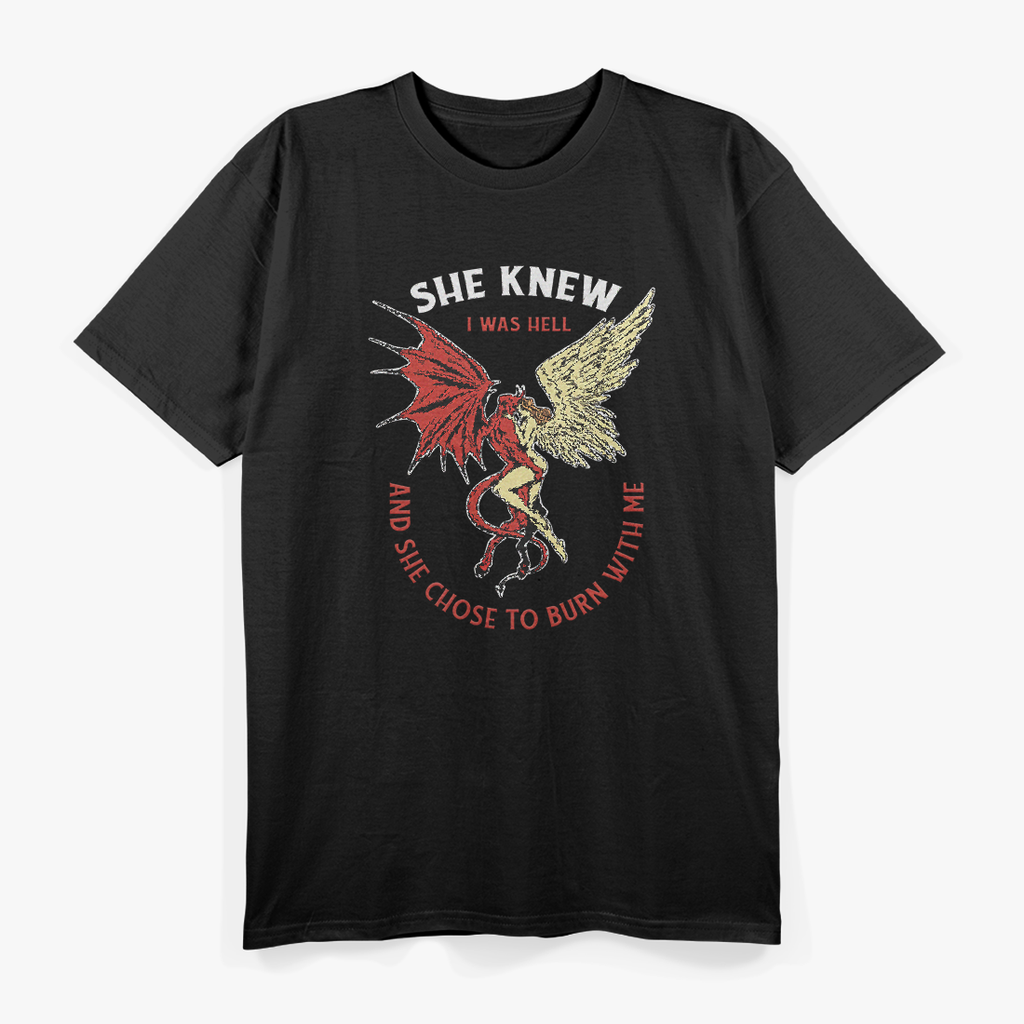 Devil and Angel Hugging with ‘She Knew I Was Hell’ Quote Gothic T-Shirt
