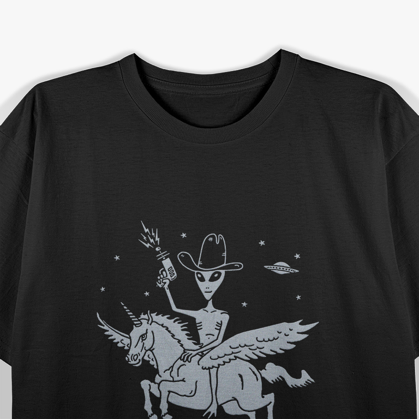 Alien Riding Unicorn UFO Cryptid Funny T-Shirt