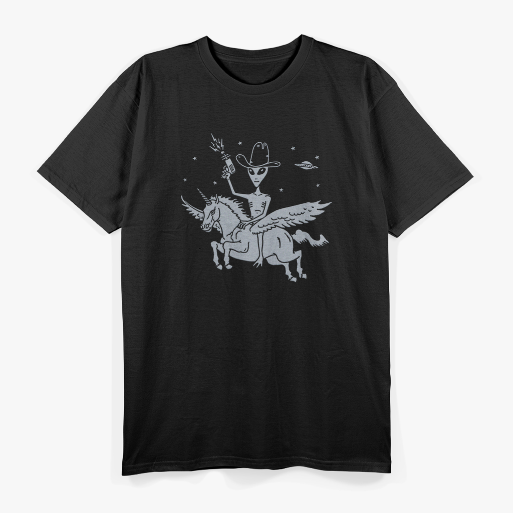 Alien Riding Unicorn UFO Cryptid Funny T-Shirt
