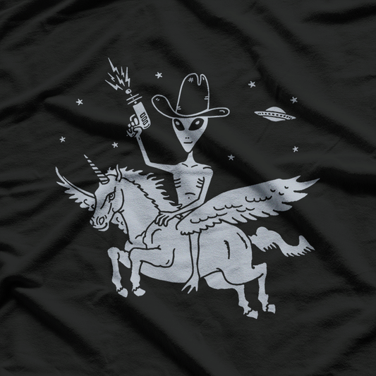 Alien Riding Unicorn UFO Cryptid Funny T-Shirt
