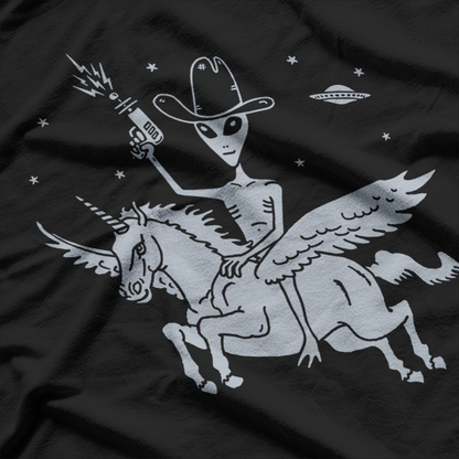 Alien Riding Unicorn UFO Cryptid Funny T-Shirt