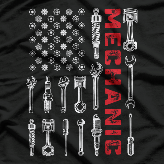 Mechanic USA Flag Garage Tools Bolts American Patriotic T-Shirt