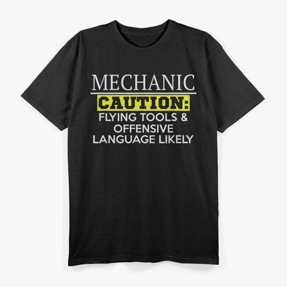Funny Mechanic Caution Flying Tools Humor Graphic T-Shirt