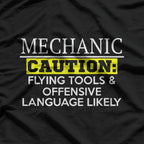 Funny Mechanic Caution Flying Tools Humor Graphic T-Shirt