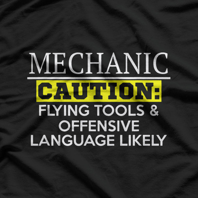 Funny Mechanic Caution Flying Tools Humor Graphic T-Shirt
