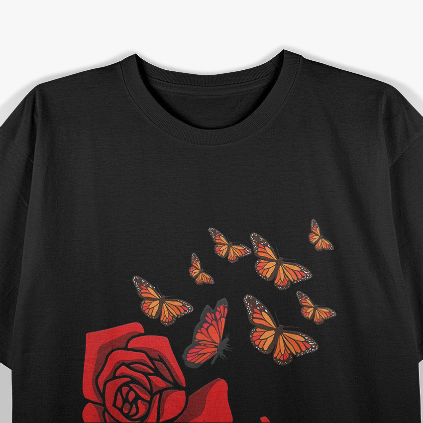 Beautiful Red Flower And Butterfly Nature Art T-Shirt