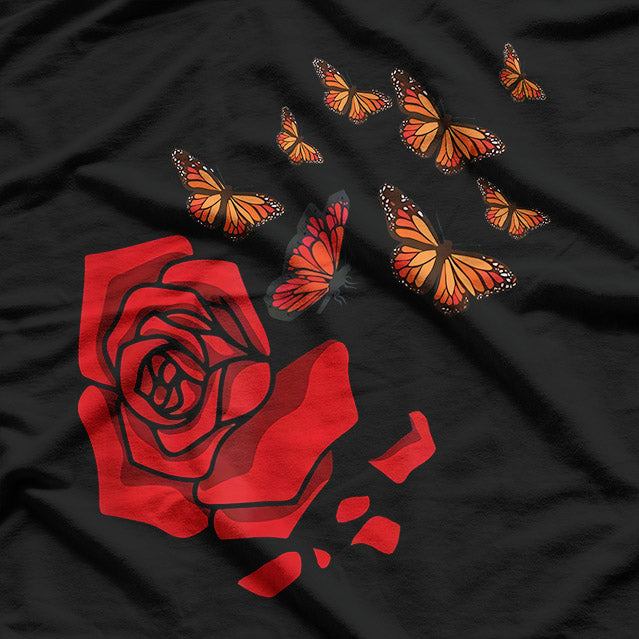 Beautiful Red Flower And Butterfly Nature Art T-Shirt